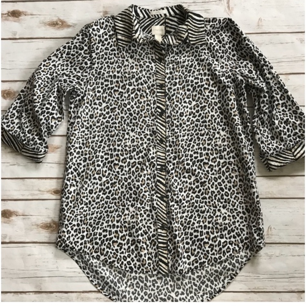 Chicos Leopard Print Blouse with Striped Accents